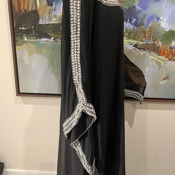 black chiffon kaftan gown with crystal embroidery ,detailed neckline - Picture 3 of 5
